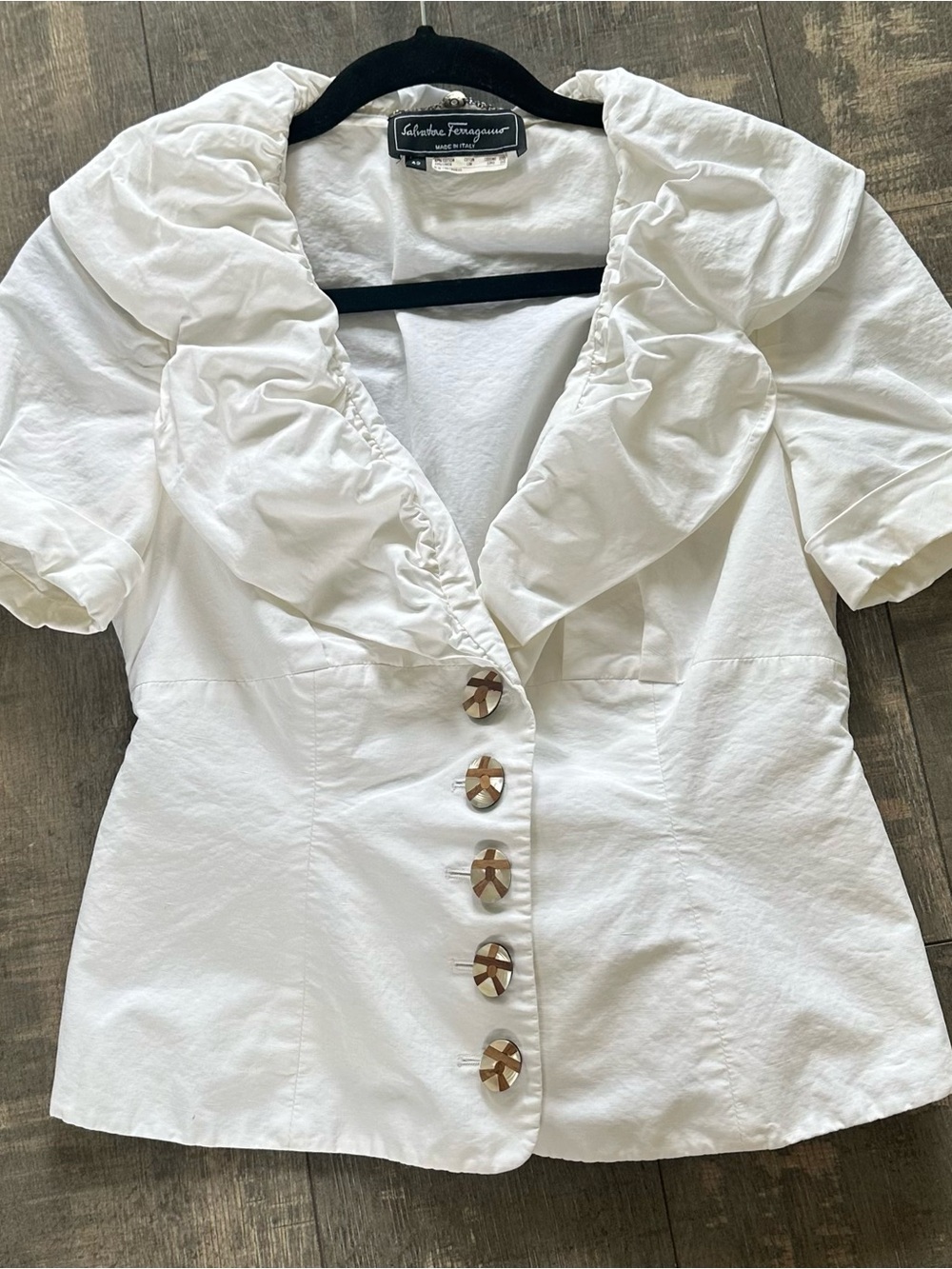 Salvatore Ferragamo White Cotton Linen Woven Collared Button Blouse 42